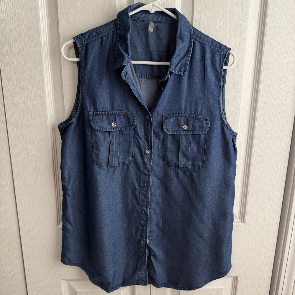 FSP Blue Chambray Button Up Sleeveless Top Women's Size Medium Office Boho Rodeo